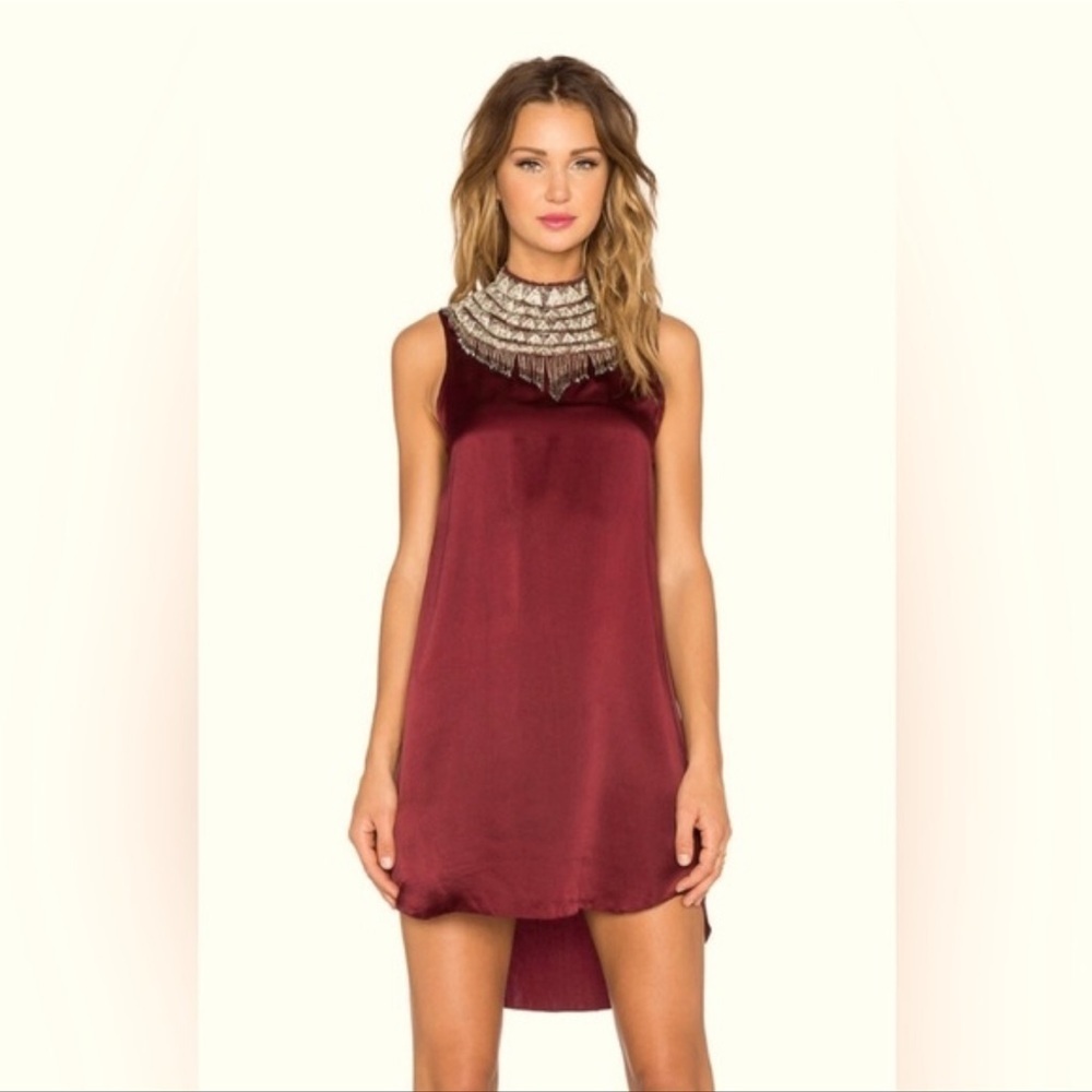 NWT HAUTE HIPPIE Y2K Vintage Burgundy Silk Crystal Embellished High Neck Dress 0